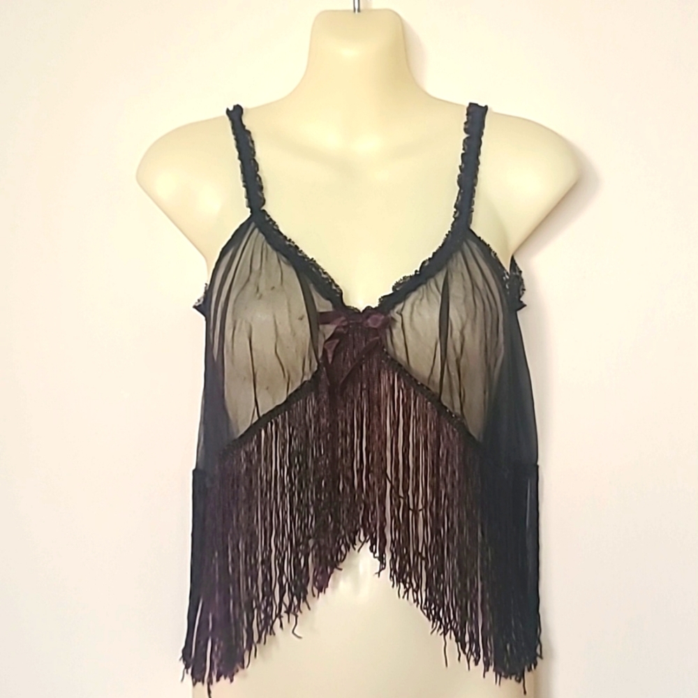 Vintage Exotique of New York Black Lace Fringe Burlesque Lingerie Piece Size S